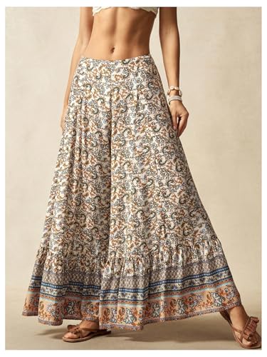 Women's Boho Hippie Palazzo Pants Ruffle Hem Flowy Pant Elastic Waist Wide Leg Summer Vacation Trousers4