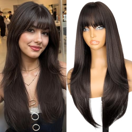 Nnzes Dark Brown 26-inch Long Wig with Bangs for Women