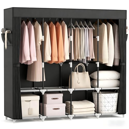 VTRIN Portable Closet for Hanging Clothes 67 Inch Wide Large Capacity Portable Wardrobe Closet with Cover, 4 Storage Shelves and 4 Hanging Rod Sturdy Free Standing Closet for Bedroom, Black