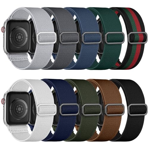 Image of Maledan 10 Pack Stretchy Bands Compatible with Apple Watch Band 44mm 45mm 46mm 49mm 40mm 38mm 41mm 42mm Women Men, Nylon Solo Loop Elastic Sport Bracelet for iWatch Series 11 10 9 8 7 6 5 4 3 SE Ultra