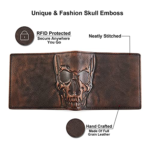 FeiYen Men Minimalist Vintage Skull Bifold Handmade Leather Wallet with Double ID - Slim Credit Card Holder with RFID Blocking and Multi Card Capacity - Husband Boyfriend Dad Teenager Gift - Image 3