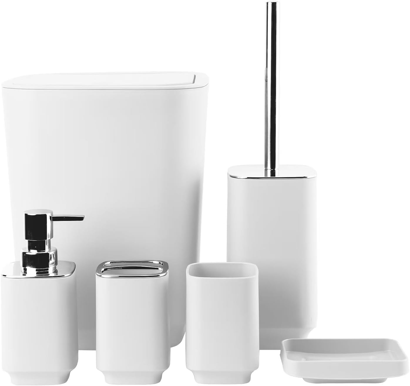 Bathroom Accessory Set 6 Piece Bathroom Accessories Set with Toothbrush Holder&Cup,Soap Dispenser& Dish,Toilet Brush Holder,Trash Can Plastic Gift Set for Bathroom Decorative Countertop?White