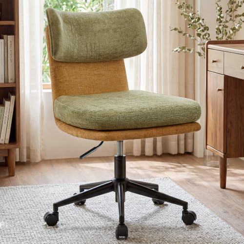 COMHOMA Home Office Desk Chairs with Ergonomic Curved Backrest Mid Century Modern Vanity Chair with Wheel for Bedroom Chenille Upholstered Green