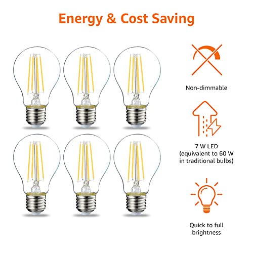 Amazon Basics LED E27 Edison Screw Bulb, 7W (Equivalent to 60W), Clear Filament, Warm White, Non Dimmable - Pack of 6 - Image 4