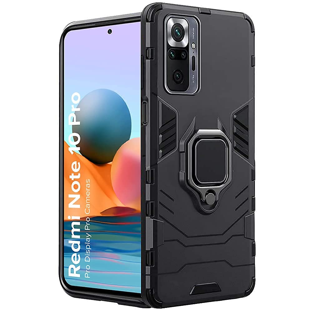 WOW IMAGINE Shock Proof Back Case Mobile Cover for Xiaomi Redmi Note 10 Pro (Armor | Hybrid PC + TPU | Full Protection with Ring Holder Kickstand | Carbon Black)