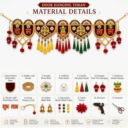 Image of ONESTA Shubh Labh Door Toran for Main Door | Traditional Handmade Bandarwal with Kalash, Bells & Colorful Tassels | Decorative Door Hanging for Diwali Navratri Housewarming & Pooja Decor 3Feet 36 Inch (Pack 01)