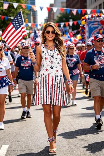 Image of Roshop Womens Juneteenth Flag Sleeveless Dress 4th of July Patriotic Swing Sundress with Pockets