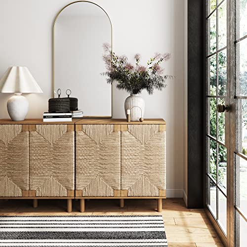 Image of Nathan James Beacon Accent Natural Sideboard Storage Cabinet TV Stand in Light Wood with Adjustable Interior Shelf and Seagrass Doors, for Hallway, Entryway or Dining Room, Light Brown, Set of 2