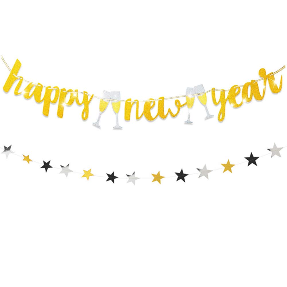 Gold Glittery Happy New Year Banner and Gold Black Silver Glittery Twinkle Stars Garland (22pcs Stars) 2020 New Years Eve Holiday Christmas Party Decoration Supplies Cheers Yall Mantle Home Décor