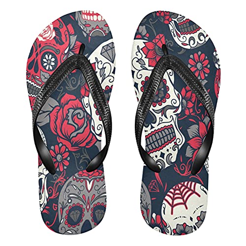 Image of Mnsruu Red Floral Blossom Sugar Skull Flip Flops Flip Sandal Home Slippers Hotel Spa Bedroom Travel L for Men Women