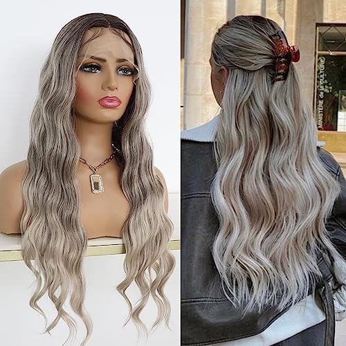 MACA BAKA Ombre Grey Platinum Blonde Long Wavy Synthetic Lace Front Wigs