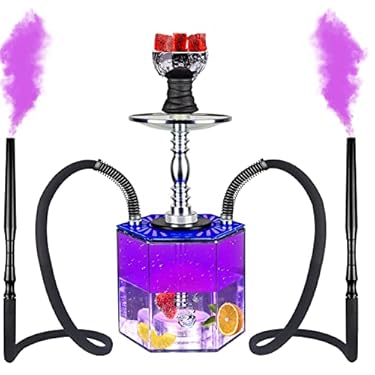 AMAZON - Hookah Set 2 Hose Hookahs with Travel Case and Cleaning Brush Hookah Foil 50pcs,Portable Modern Hexagon Plus Acrylic Hookah with Pottery Hookah Bowl (HPRE1-Blue)