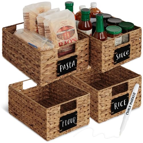 Best Choice Products Set of 4 9x12in Water Hyacinth Pantry Baskets, Woven Organizers w/Chalkboard Label, Chalk Marker – Chestnut