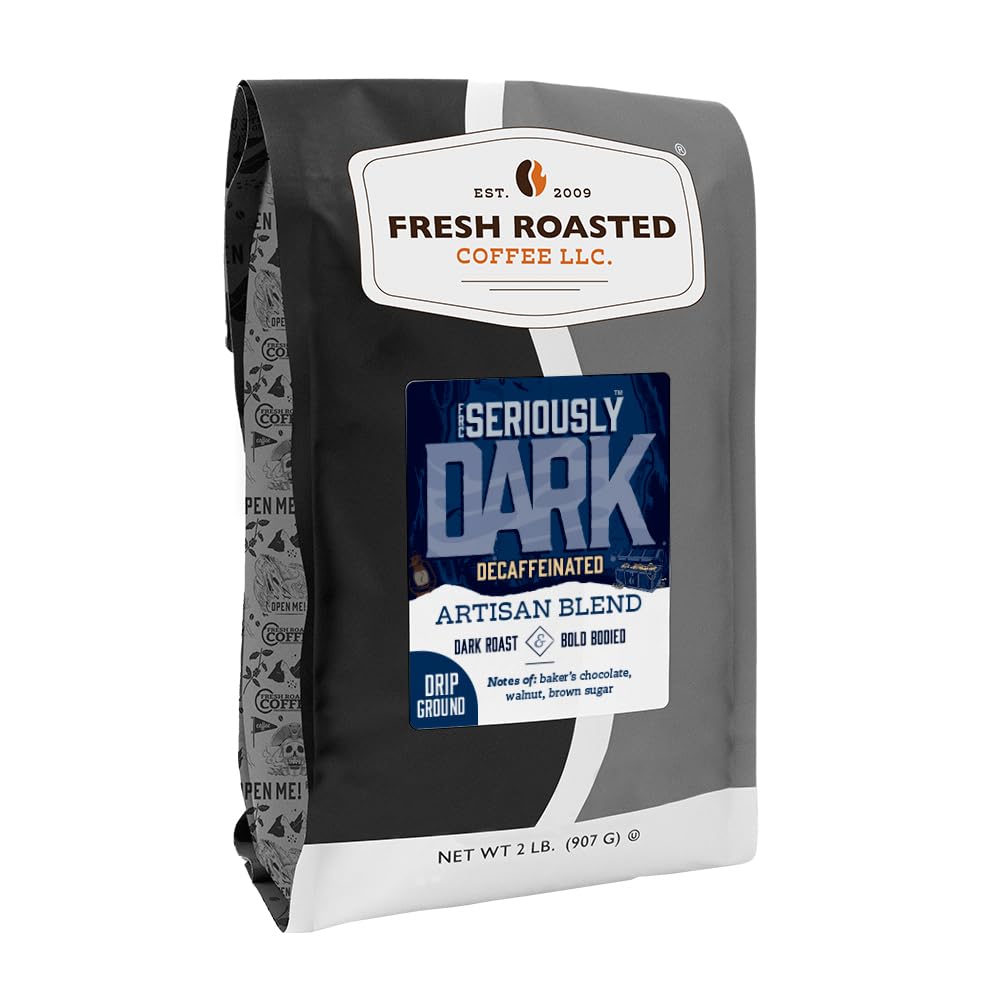 Fresh Roasted Coffee, Seriously Dark Decaf Artisan Blend Drip Ground Coffee, Dark Roast, Kosher, 2 lb (32 oz)