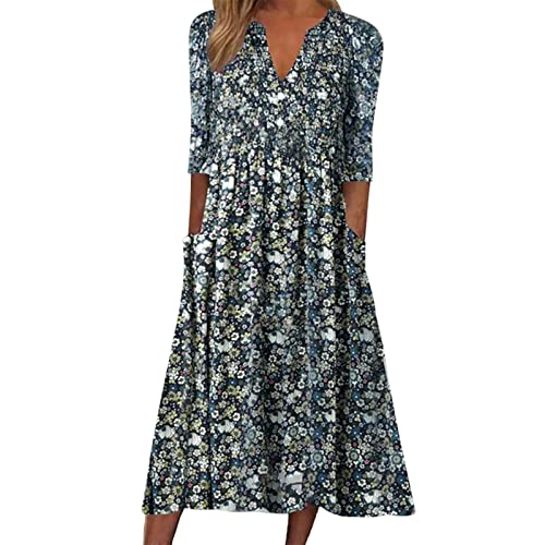 Robe Fluide Mi Longue Robe Ete Femme Cotton en Line Mi Longue Femmes T-Shirt Robe de Travail Chic et Elegant Décontractée Couleur Unie Manche Courte Jupe...