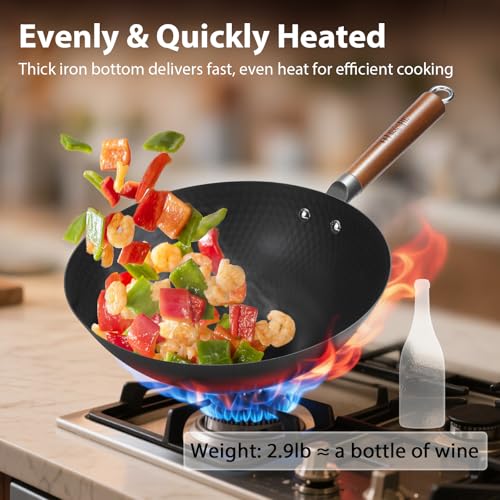 WANGYUANJI 12.6 in Carbon Steel Wok — Flat Bottom with Detachable Wooden Handle, Nitrided No-Chemical Surface, Lightweight Induction/Gas/Electric/Halogen Compatible - Thumbnail 2