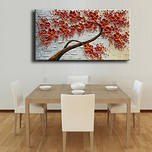 YaSheng Art -Large Size hand-painted Oil Painting On Canvas Texture Palette Knife Red Flowers Paintings Modern Home Decor Wall Art Painting Colorful 3D Flowers Tree Paintings Ready to hang 24x60inch - Thumbnail 6