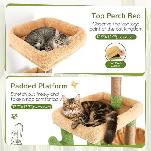 Image of Globlazer 52in Cactus Cat Tree Tower for Indoor Cats, 2 Condos, S52, Green | Multi-Level Plush House, 5 Sisal Scratching Posts, 2 Padded Top Perches, Big Metal Basket, Stable Enlarged Base