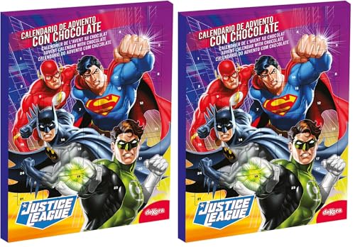 dekora - Calendario de Adviento Liga de la Justicia – 24 chocolatinas de chocolate con leche – 50g – Licencia oficial – Navidad para niños (Paquete de 2)