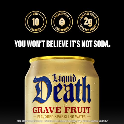 Image of Liquid Death Soda-Flavored Sparkling Water - Grave Fruit (Grapefruit Flavor), Less Sugar*, Huge Flavor, No Caffeine, No Artificial Sweeteners, 12 Fl Oz (Pack of 12)