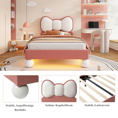 Kinderbett Polsterbett 90x200, Einzelbett Mädchenbett mit LED-Lichtleiste&Fliegeformiges-Kopfteil, Bett Jugendbett Bettgestell Funktionsbett Bettrahmen mit Lattenroste, Samt, Ohne Matratze, Beige+Rosa – Bild 4