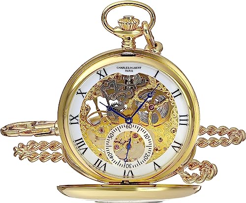 Charles Hubert 3972-G Men's Pocket Watch, Mechanical Hand Winding, Skeleton, Gold