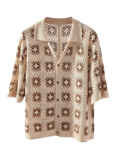 Men's Crochet Knit Short Sleeve Sweaters Hollow Out Vintage Button Down Casual Summer Tops