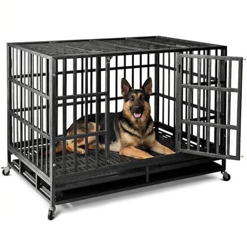 NUGRIART Escape-Proof Heavy Duty 38' Dog Crate, Indestructible Steel Kennel for Large & High-Anxiety Dogs with 300Lbs Capacity, Double Door Design with 4 Locking Wheels and Reinforced Baseplate.