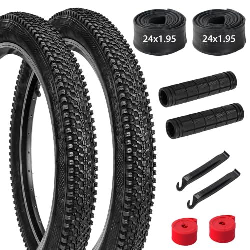 Lukasports 2Pcs Mountain Bike Tires and 2Pcs Tubes Set 24x 1.95 Bike Tire & 1.75-2.125 AV 32mm Inner Tubes Folding Replacement 24 x 1.95 Bicycle Tire Puncture-Resistant Bike Tire 24x1.95