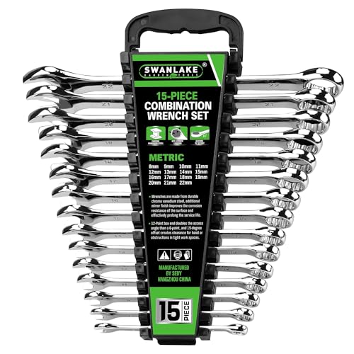 SWANLAKE 15-Piece Metric Spanner Set Combination Spanner Set 822mm Chrome Vanadium Steel Wrench Set with Storage Rack 12-Point Ring Spanner Set