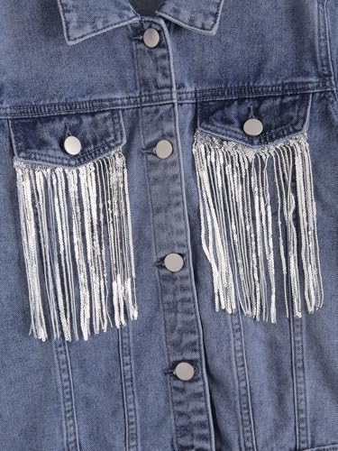 MakeMeChic Girl's Jean Jacket Fringe Button Down Long Sleeve Collared Y2k Denim Jacket3