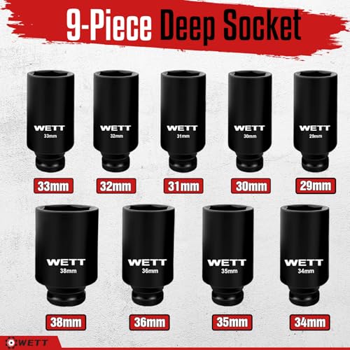 Image of WETT 1 /2 inch Drive Deep Large Impact Socket Set, 9-Piece Spindle Axle Nut Metric 6 Point Sockets Set, CR-V, 29mm-38mm
