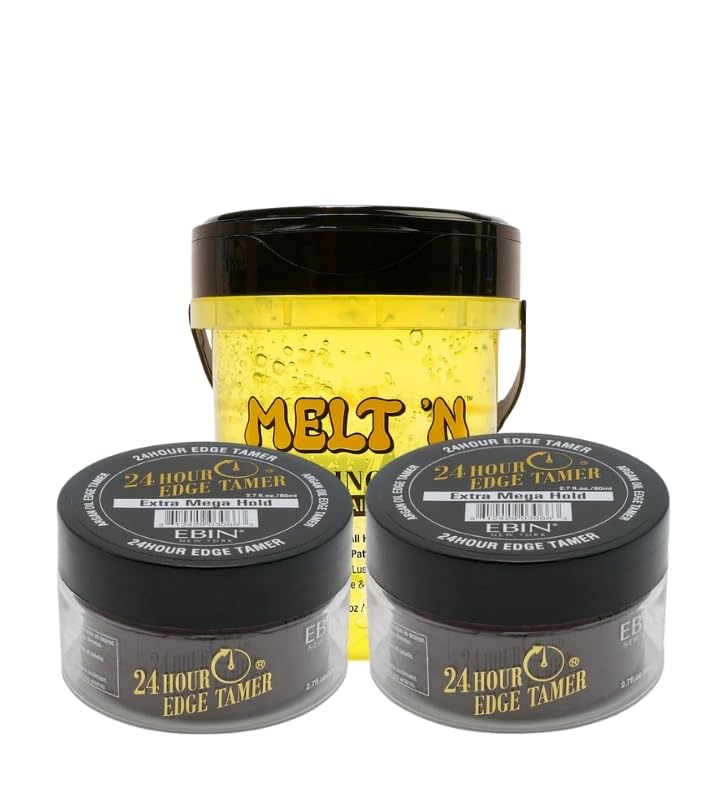 Edge Fixer Edge Control - 2x 24 Hour Tamer - Extra Mega Hold for All Hair Types– Bundle with 1x MELT'N Styling Gel Almond Oil+Biotin for Strong Hold & Curl Definition–Gift Set (3 Items)