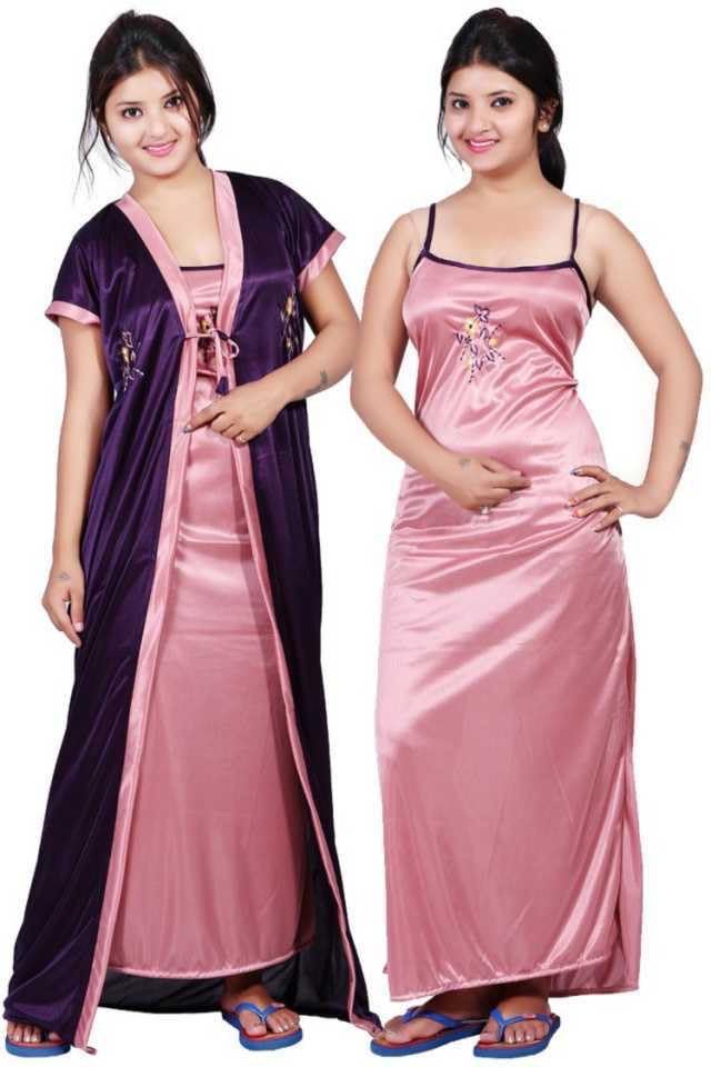 HUZI TRADERS Women's Soft Satin Solid Round Neck Comfortable, Breathable Perfect for Relaxation & Cozy Nights 2 Piece Night Dress(H_N_0316)