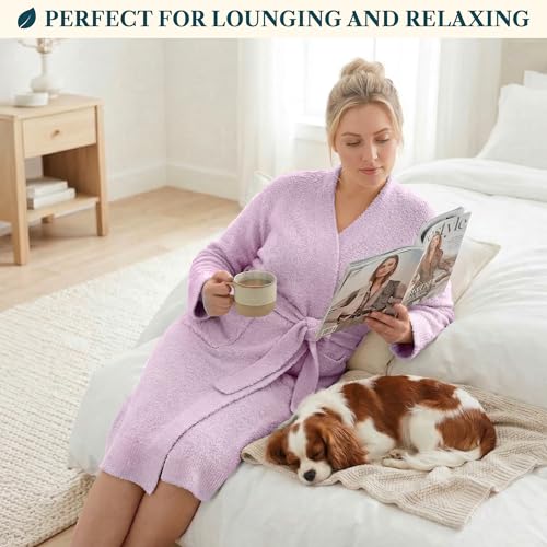 Image of PAVILIA Premium Plush Robe for Women, Soft Cozy Fuzzy Bathrobe with Pockets, Warm Mid-Length Lounge Robe with Tie Belt