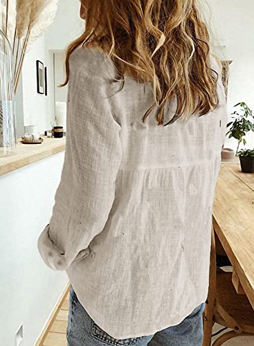 Astylish Womens V Neck Solid Roll Up Sleeve Collared Shirt Blouses Summer Linen Tops For Teen Girls Gray Large #TOP2