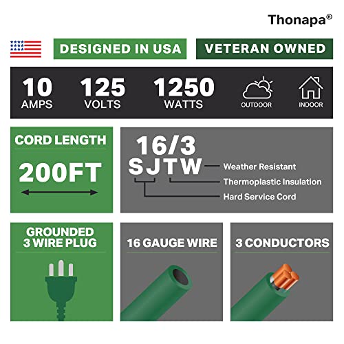 Thonapa Green Outdoor Extension Cord 200 Ft- 16/3 Sjtw Weatherproof Extra Long Outdoor Extension Cable With 3 Prong Grounded Plug - Great For Outdoor Lights Decoration, Landscaping, Lawn & Gardens #TOP2