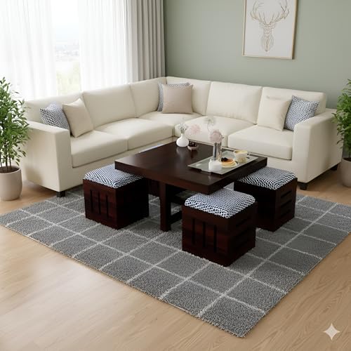 Image of Loonart Solid Sheesham Wood Coffee Table With Four Cushioned Stools | Idel For Living Room | Cafe | Restaurant | Space Saving Indoor Table Set | Finish Color - Mahogany Finish | White & Blue Cushion |
