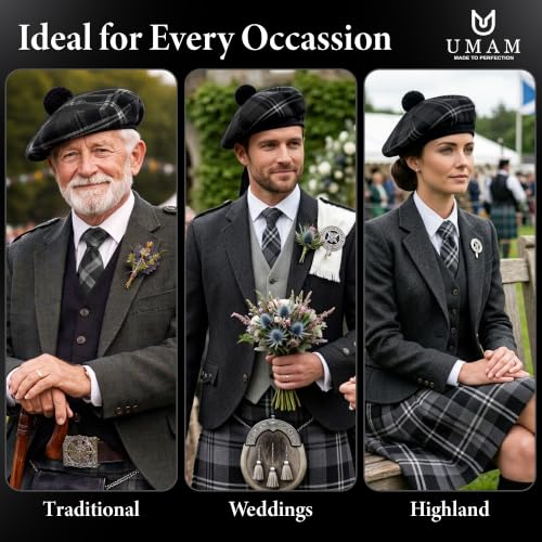 Image of Scottish Tam O' Shanter Hat Tartan Bonnet Pom Pom Wool Flat Cap One Size