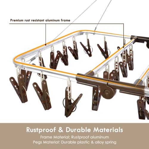 ANVINKU Aluminum 32 Pegs Folding Sock Drying Rack, Windproof Hook, Underwear & Baby Clothes Airer (Dark Brown) - Image 3