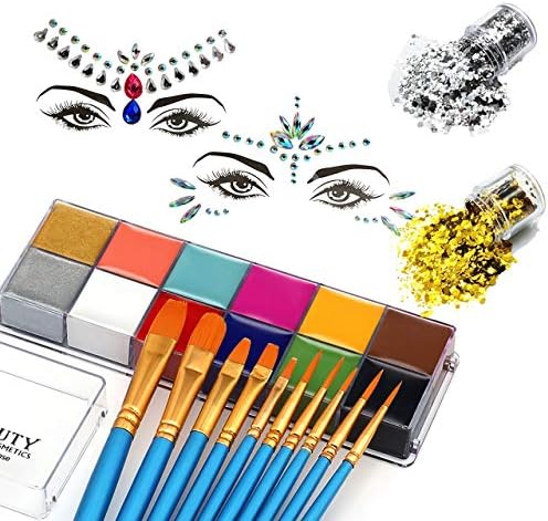 CCBeauty Face Body Paint Kit 12 Colors Oil Based with 10 Blue Brushes,2 ...