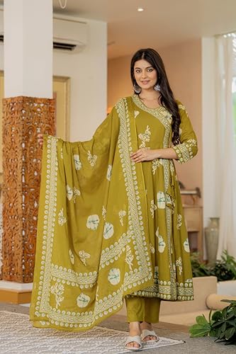 Image of Pistaa's Women's Pure Cotton Anarkali Floral Printed Hand Work Kurta with Pant & Dupatta Set