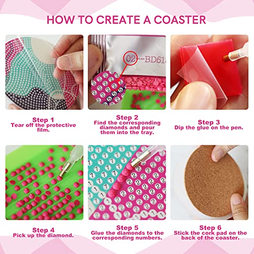 Temlum 6 Pcs Diamond Painting Coasters Kit with Holder, DIY Diamond Art Coasters Kits for Beginners Adults Small Art Craft Supplies - Image 3