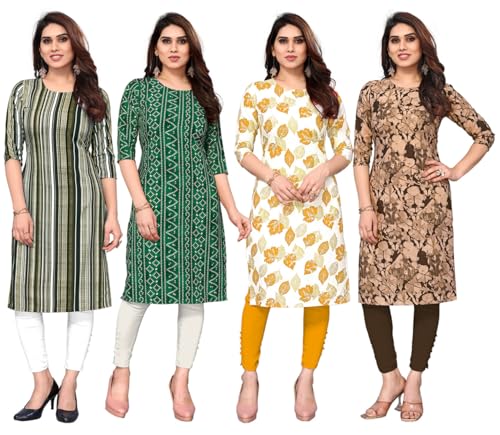 Image of JAKHANA Women's Crepe Printed Casual Straight Calf Length Round Nick Kurta Pack of 4