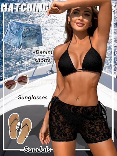 Women's Halter Triangle String Bikini Sets, Floral Lace Cheeky 3 Piece Swimsuit with Shorts, Beach Pool Party4