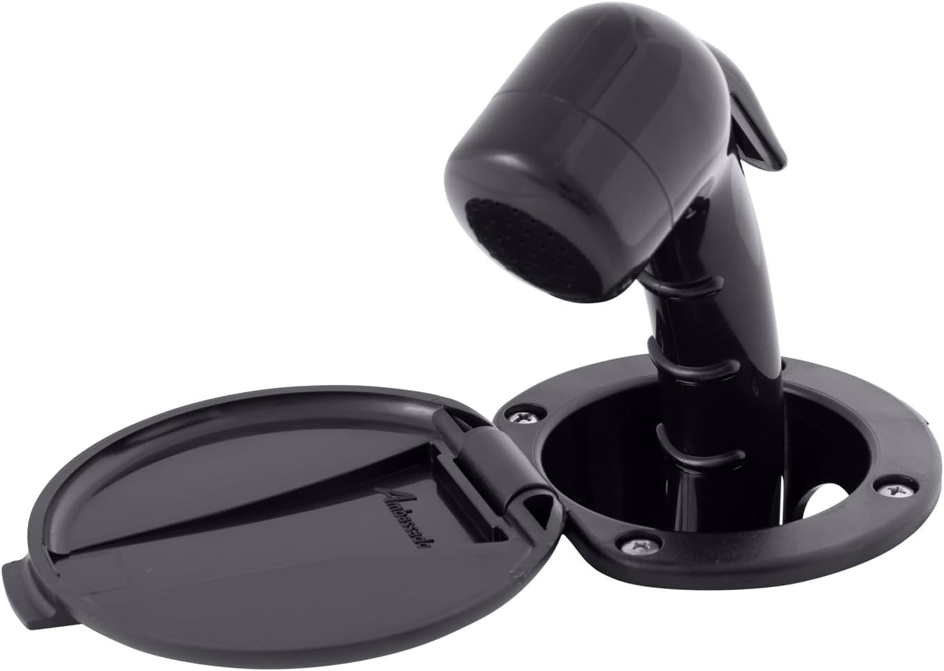Ambassador Marine Recessed Shower- Black Cup & Lid, Small Black Sprayer (No Eyelet), 6' Black Rubber Hose - 136-0006-KP-W