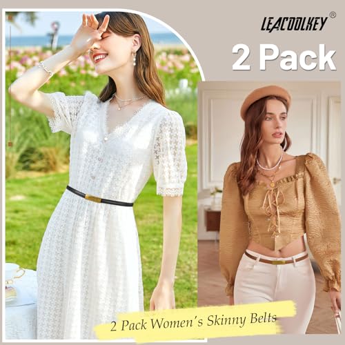 LEACOOLKEY 2 Pack Women Skinny Leather Belts Ladies Vintage Gold Buckle Thin Waist Belts for Dresses Black+Brown — view 5
