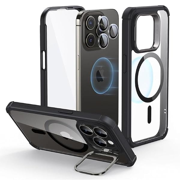 ESR for iPhone 14 Pro Case with Stand, Compatible with MagSafe, Full-Body Military-Grade Drop Proof Case with Built-in 9H+ Tempered Glass Screen Protector, Armor Series, Clear Black by ESR - Image 3