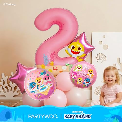 Image of PartyWoo Baby Shark Pink Foil Number 2 Balloon 40 Inch Pink Mylar Helium Birthday Number Balloons for Girls and Boys Baby Shark Under the Sea Ocean Theme Kids Second Birthday Party Decorations