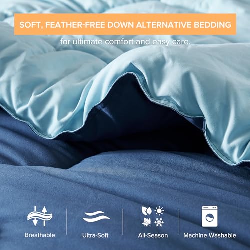 Image of Comfort Spaces Queen Comforter Set Vibrant Reversible Comforters Queen Size Quilted Bedding Set, All Season Lightweight Bedding, Soft Microfiber Comforter, Vixie, Navy /Light Blue Full /Queen 3 Piece